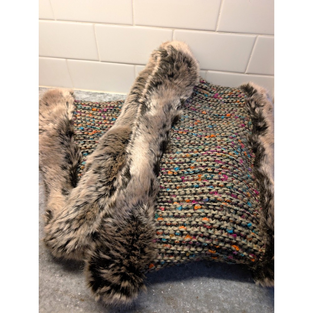 Vintage Faux Frenzi by Dena Multicolor Knit Rectangle Scarf Faux Fur Trim